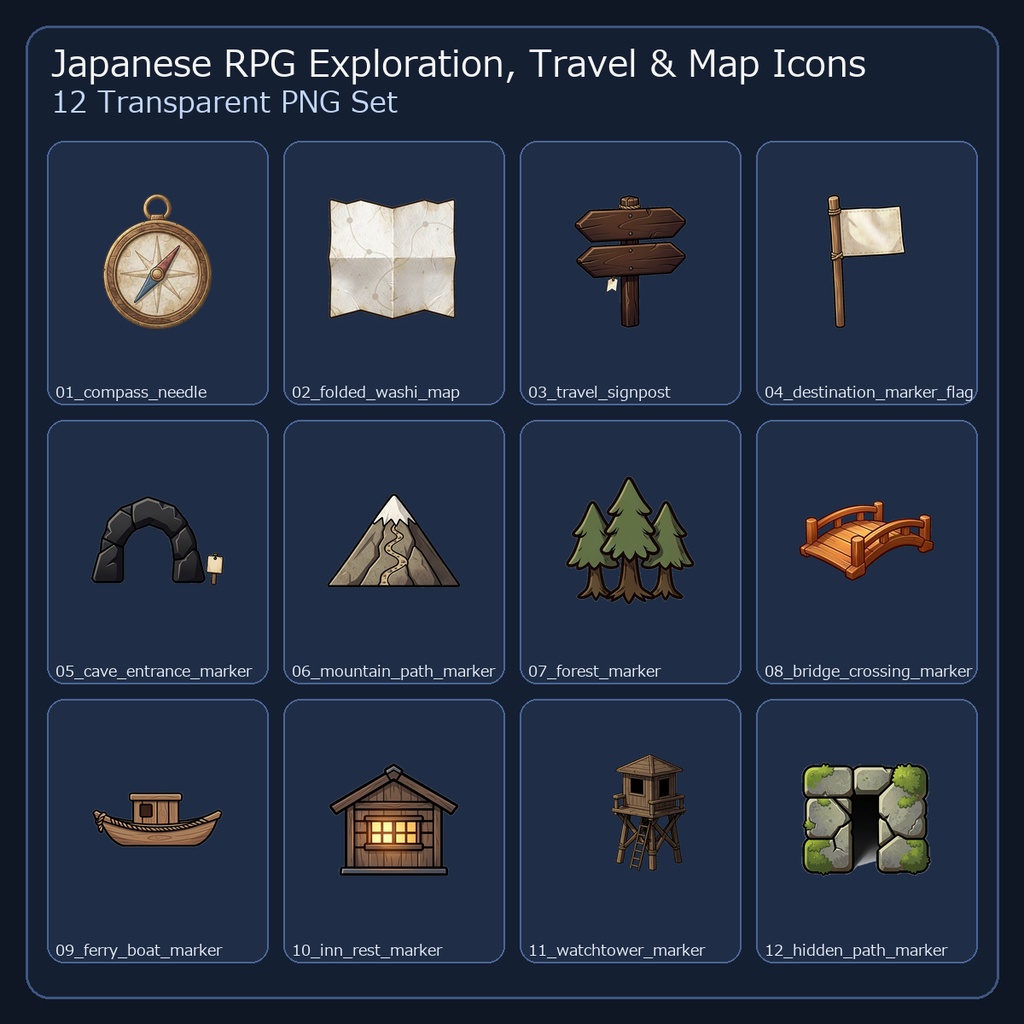 和風RPG 探索・移動・マップアイコン 12PNGセット / Japanese RPG Exploration, Travel & Map Icons