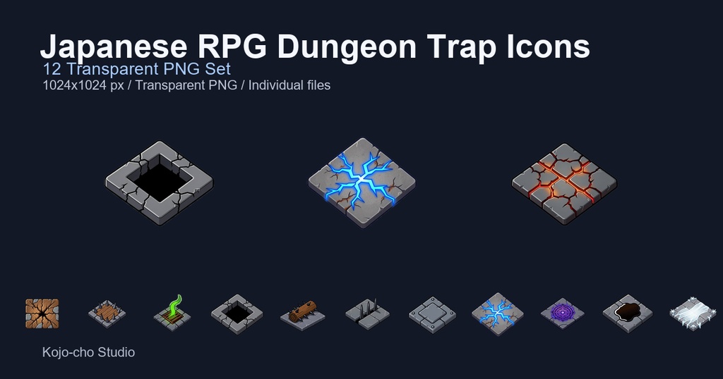 和風RPG ダンジョン床罠・仕掛けアイコン 12PNG / Japanese RPG Dungeon Trap Icons