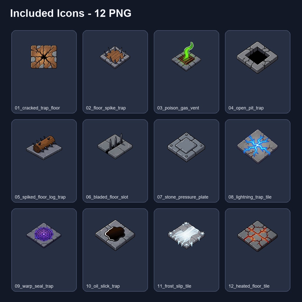 和風RPG ダンジョン床罠・仕掛けアイコン 12PNG / Japanese RPG Dungeon Trap Icons