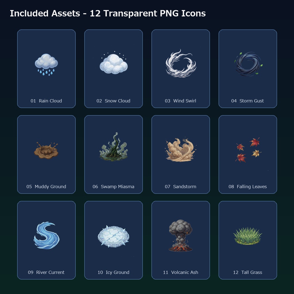 RPG 天候・環境・地形効果アイコン 12PNG / Fantasy RPG Weather & Terrain Icons