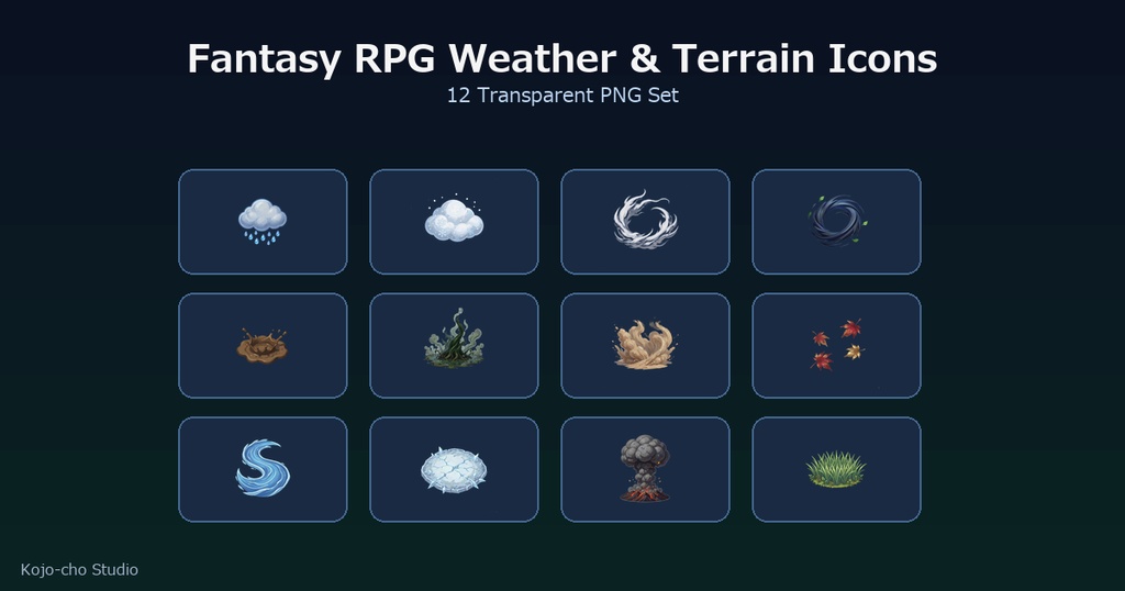 RPG 天候・環境・地形効果アイコン 12PNG / Fantasy RPG Weather & Terrain Icons