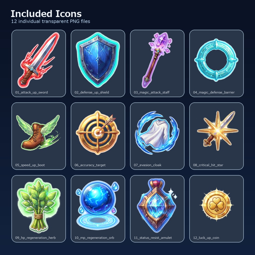 RPG バフ・強化・支援アイコン 12PNGセット / Fantasy RPG Buff, Boost & Support Icons