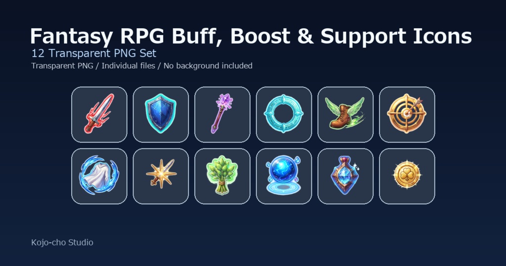 RPG バフ・強化・支援アイコン 12PNGセット / Fantasy RPG Buff, Boost & Support Icons