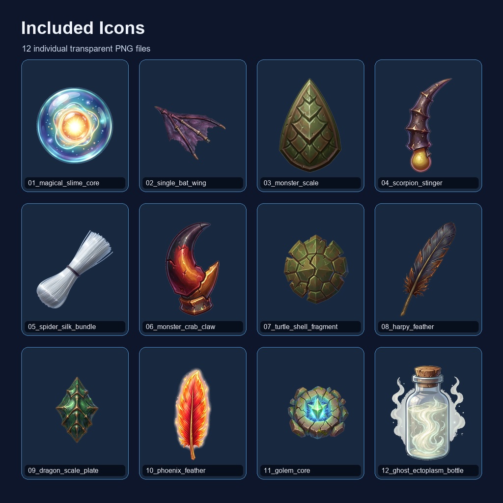 RPG 魔物素材・戦利品アイコン 12PNGセット / Fantasy RPG Monster Loot Icons