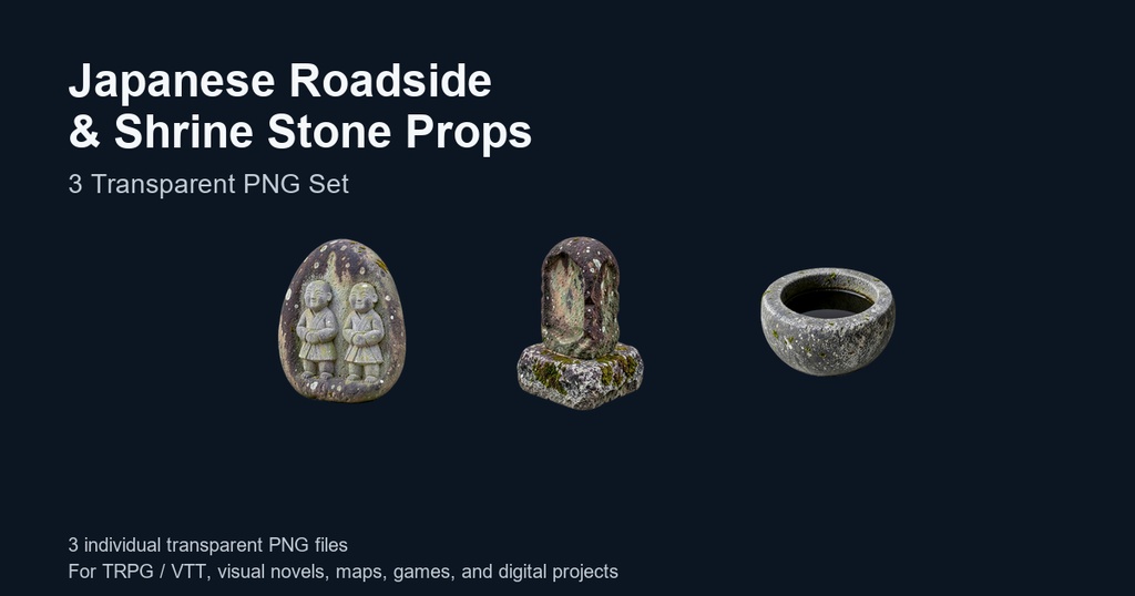 和風 道祖神・路傍石・手水鉢 3PNGセット / Japanese Roadside & Shrine Stone Props - 3 PNG Set