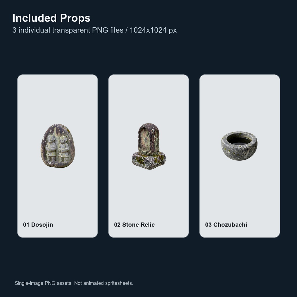 和風 道祖神・路傍石・手水鉢 3PNGセット / Japanese Roadside & Shrine Stone Props - 3 PNG Set