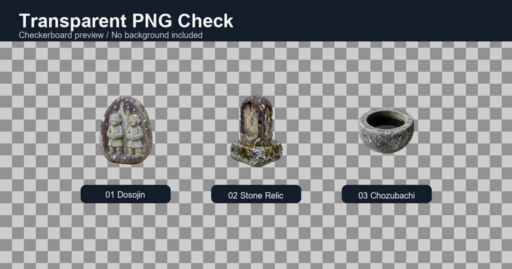 和風 道祖神・路傍石・手水鉢 3PNGセット / Japanese Roadside & Shrine Stone Props - 3 PNG Set