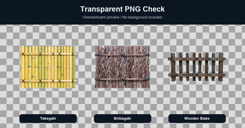 和風 竹垣・柴垣・木柵 3PNGセット / Japanese Rural Fences & Barriers - 3 PNG Set