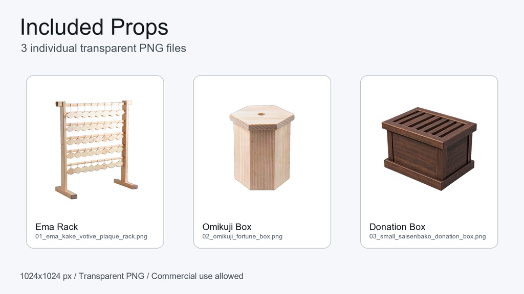 和風 神社の絵馬掛け・おみくじ箱・賽銭箱 3PNGセット / Japanese Shrine Props - 3 PNG Set