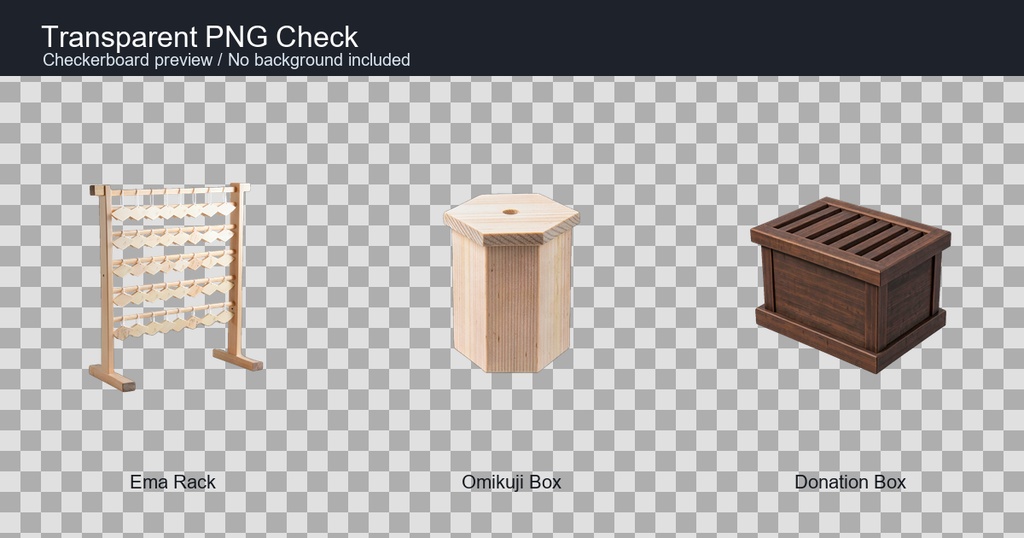 和風 神社の絵馬掛け・おみくじ箱・賽銭箱 3PNGセット / Japanese Shrine Props - 3 PNG Set