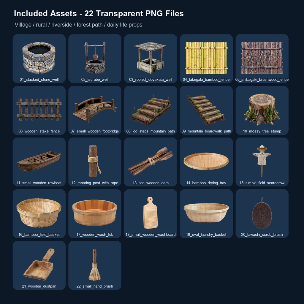 和風 村・農村・生活小物バンドル 22PNGセット / Japanese Village Life & Rural Props Bundle - 22 PNG Set