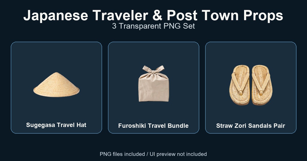 和風 旅支度・宿場小物 3PNGセット / Japanese Traveler & Post Town Props - 3 PNG Set
