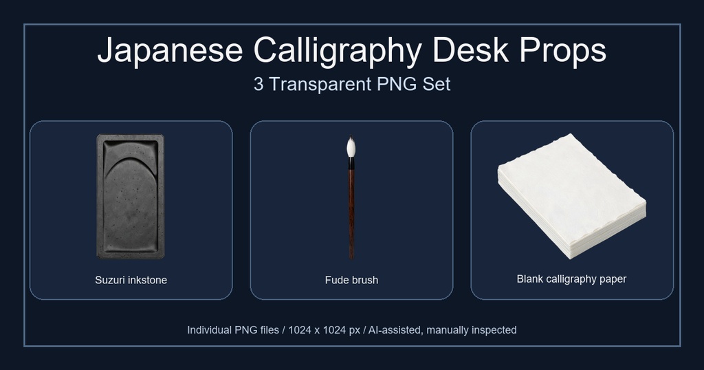 和風 書道・文房具小物 3PNGセット / Japanese Calligraphy Desk Props - 3 PNG Set