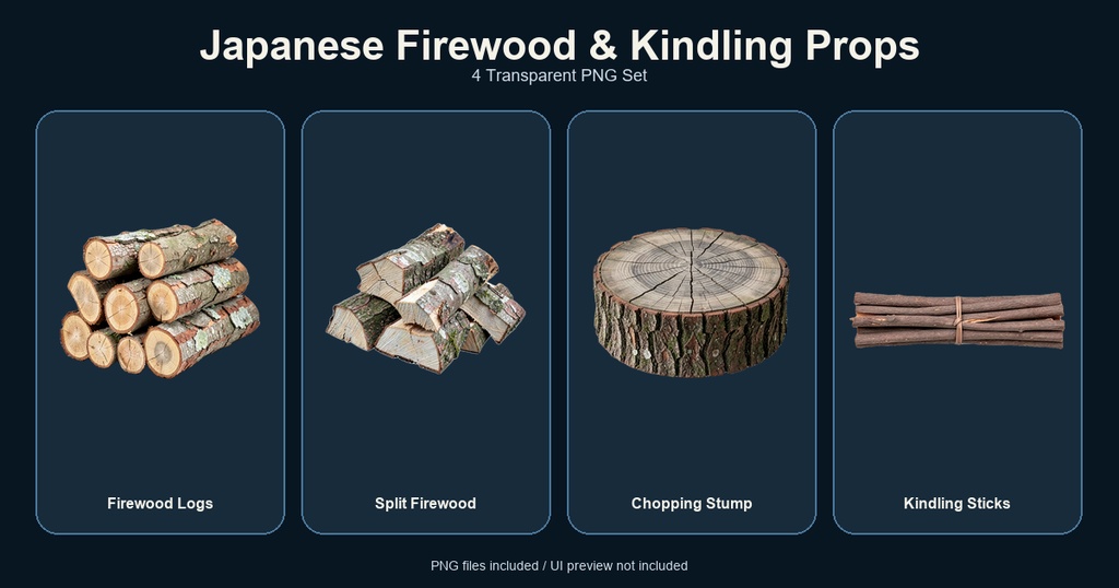 和風 薪・焚き付け小物 4PNGセット / Japanese Firewood & Kindling Props - 4 PNG Set
