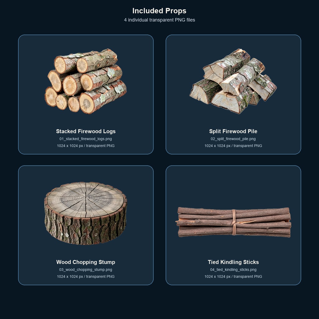 和風 薪・焚き付け小物 4PNGセット / Japanese Firewood & Kindling Props - 4 PNG Set