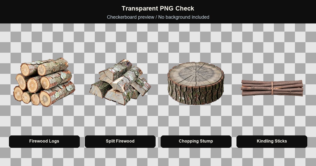 和風 薪・焚き付け小物 4PNGセット / Japanese Firewood & Kindling Props - 4 PNG Set
