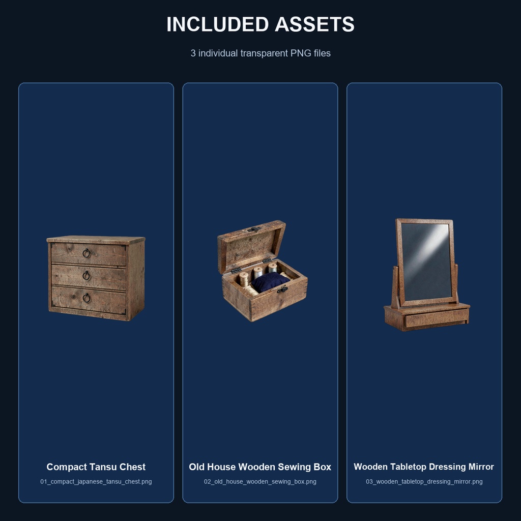和風 古民家 箪笥・裁縫箱・卓上鏡台 3PNGセット / Japanese Old House Tansu, Sewing Box & Dressing Mirror - 3 PNG Set