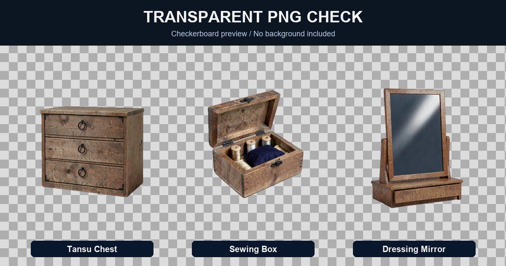 和風 古民家 箪笥・裁縫箱・卓上鏡台 3PNGセット / Japanese Old House Tansu, Sewing Box & Dressing Mirror - 3 PNG Set