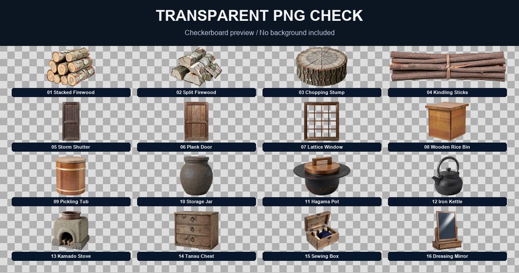 和風 古民家 室内・生活素材ミニバンドル 5商品16PNGセット / Japanese Old House Interior & Household Props Mini Bundle - 16 PNG Set