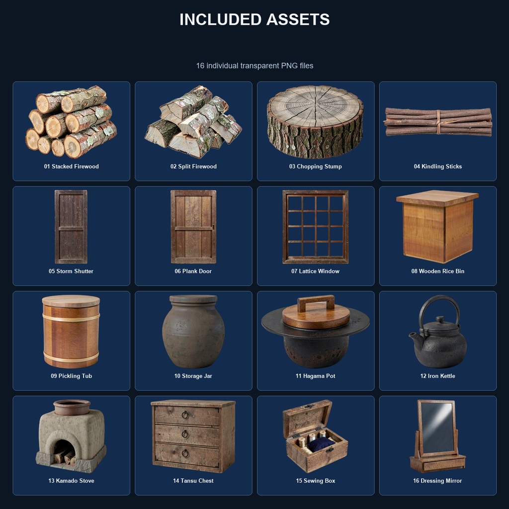 和風 古民家 室内・生活素材ミニバンドル 5商品16PNGセット / Japanese Old House Interior & Household Props Mini Bundle - 16 PNG Set