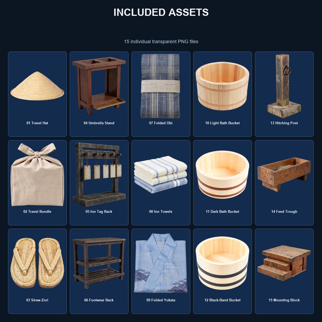 和風 宿場町・旅籠生活素材ミニバンドル 5商品15PNGセット / Japanese Post Town & Inn Life Props Mini Bundle - 15 PNG Set