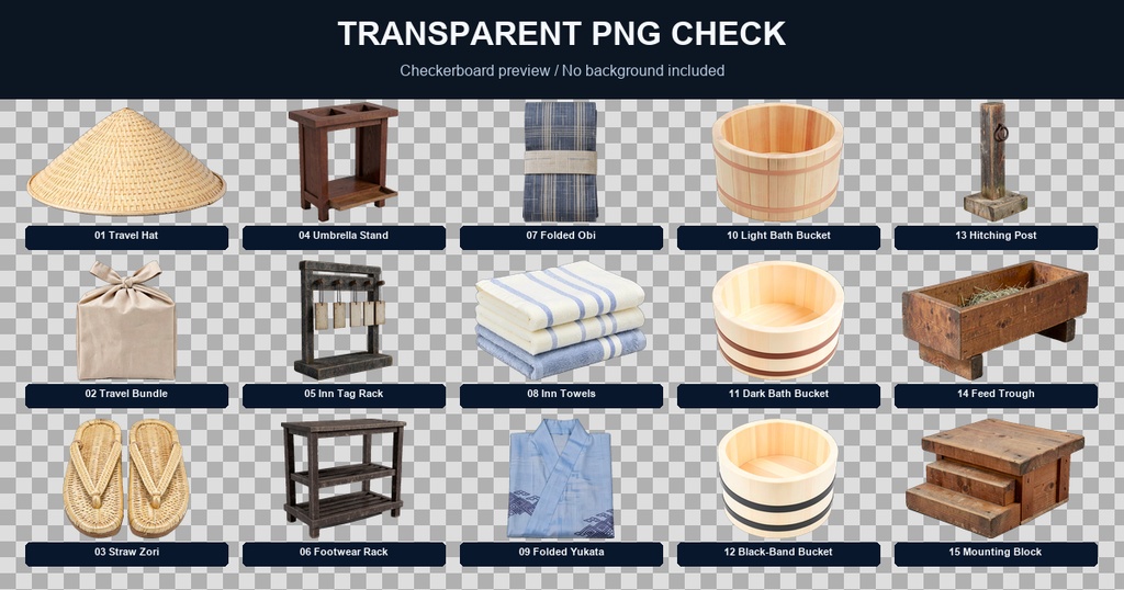 和風 宿場町・旅籠生活素材ミニバンドル 5商品15PNGセット / Japanese Post Town & Inn Life Props Mini Bundle - 15 PNG Set