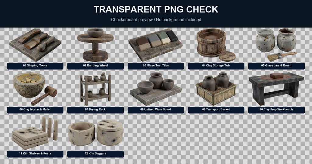和風 陶芸窯場シーン小物 12PNGセット / Japanese Pottery Workshop & Kiln Area Props - 12 PNG Set