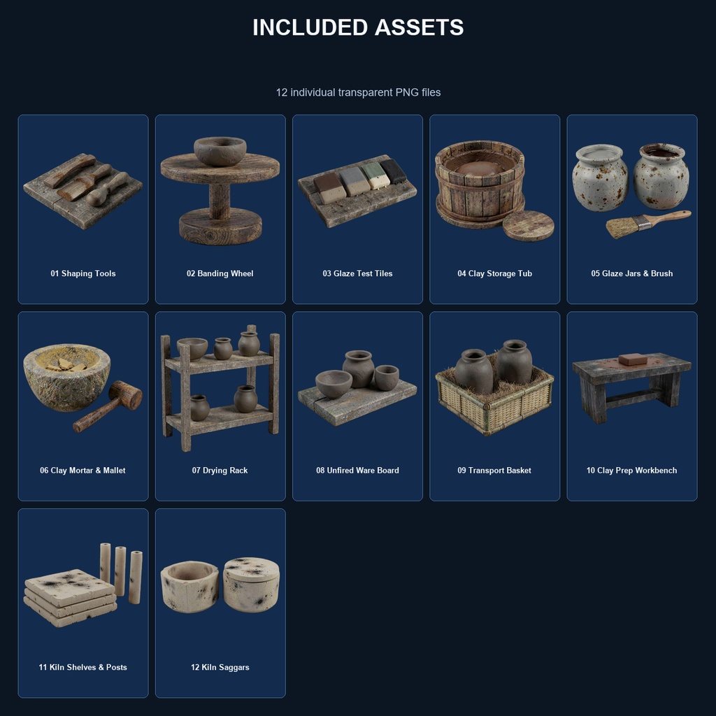 和風 陶芸窯場シーン小物 12PNGセット / Japanese Pottery Workshop & Kiln Area Props - 12 PNG Set
