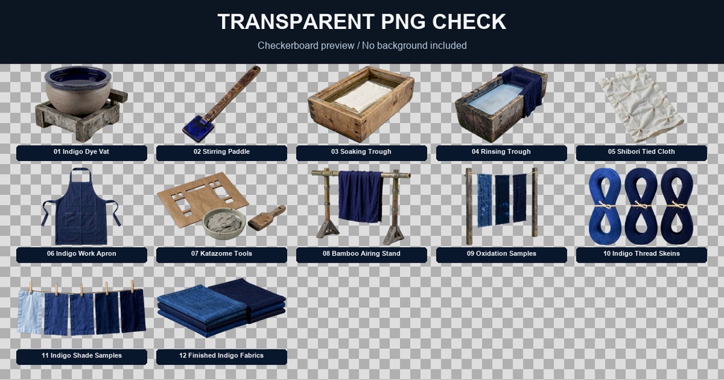 和風 藍染工房シーン小物 12PNGセット / Japanese Indigo Dyeing Workshop Props - 12 PNG Set
