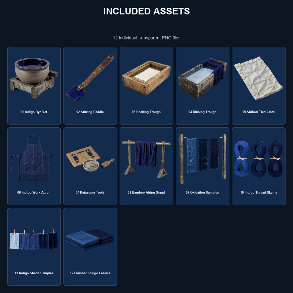 和風 藍染工房シーン小物 12PNGセット / Japanese Indigo Dyeing Workshop Props - 12 PNG Set