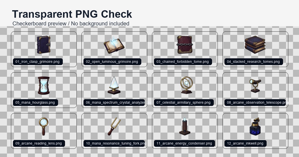 ファンタジーRPG 魔導書・魔術研究器具アイコン 12PNGセット / Fantasy RPG Grimoires & Arcane Research Instruments