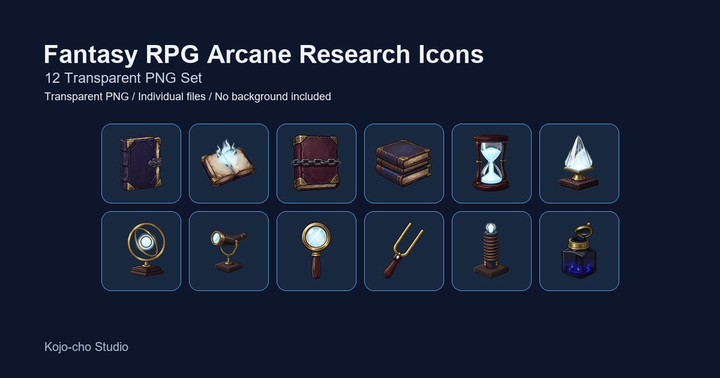 ファンタジーRPG 魔導書・魔術研究器具アイコン 12PNGセット / Fantasy RPG Grimoires & Arcane Research Instruments