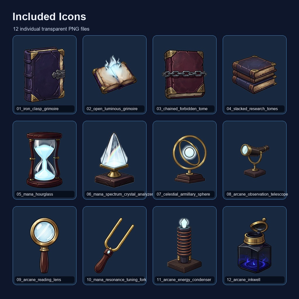 ファンタジーRPG 魔導書・魔術研究器具アイコン 12PNGセット / Fantasy RPG Grimoires & Arcane Research Instruments