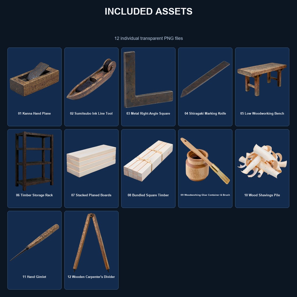 和風 木工工房シーン小物 12PNGセット / Japanese Woodworking Workshop Props - 12 PNG Set