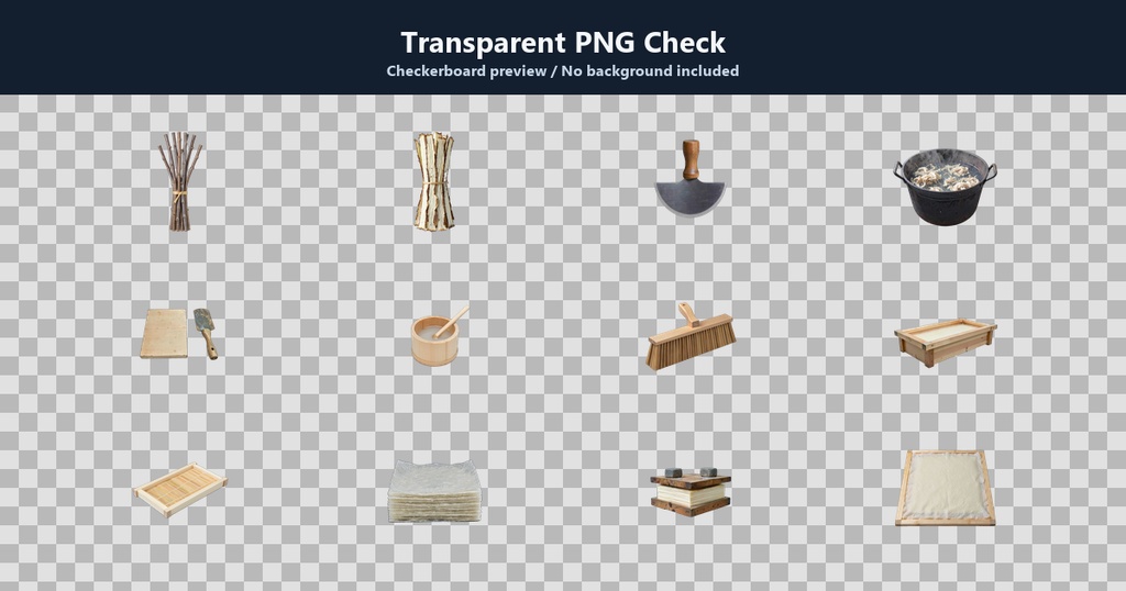 和風 紙漉き・和紙工房シーン小物 12PNGセット / Japanese Washi Papermaking Workshop Props - 12 PNG Set
