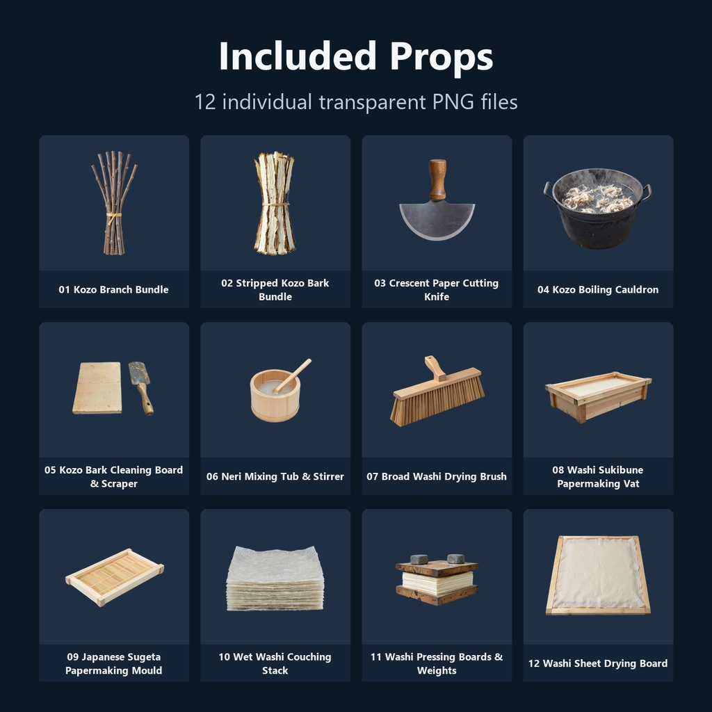 和風 紙漉き・和紙工房シーン小物 12PNGセット / Japanese Washi Papermaking Workshop Props - 12 PNG Set