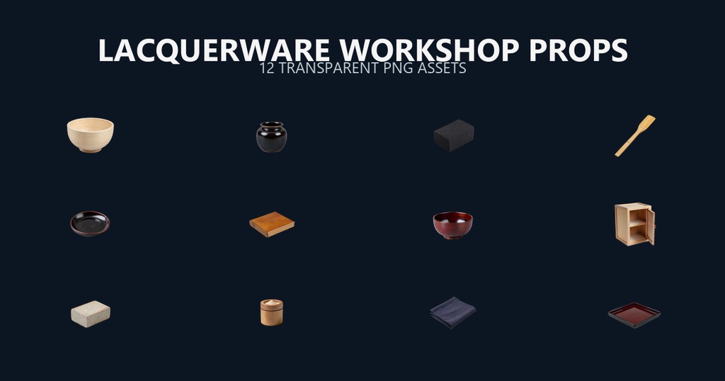 和風 漆塗り・漆器工房シーン小物 12PNGセット / Japanese Lacquerware Workshop Props - 12 PNG Set
