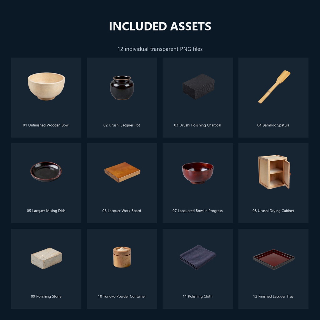 和風 漆塗り・漆器工房シーン小物 12PNGセット / Japanese Lacquerware Workshop Props - 12 PNG Set