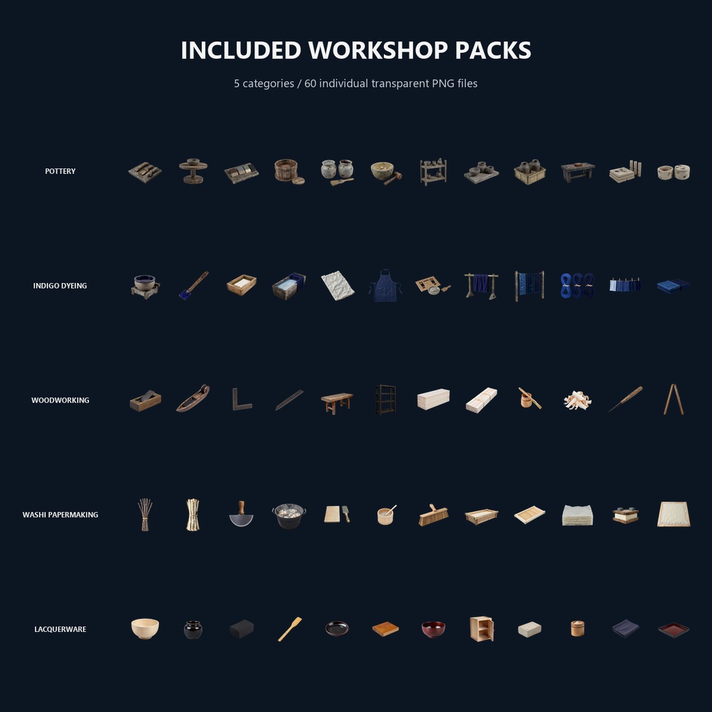 和風 伝統工房シーン小物バンドル 5商品60PNGセット / Japanese Traditional Workshop Props Bundle - 60 PNG Set