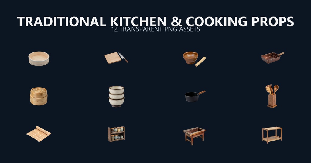 和風 料理屋・厨房シーン小物 12PNGセット / Japanese Traditional Kitchen & Cooking Props - 12 PNG Set