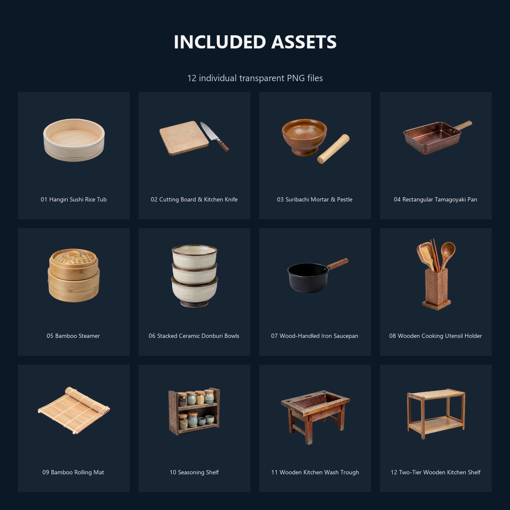 和風 料理屋・厨房シーン小物 12PNGセット / Japanese Traditional Kitchen & Cooking Props - 12 PNG Set