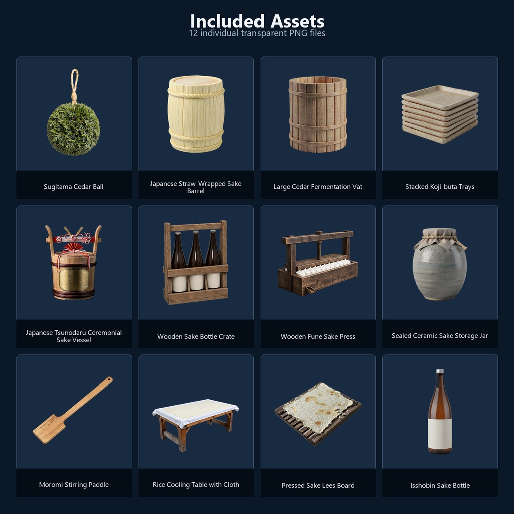 和風 酒蔵・日本酒醸造シーン小物 12PNGセット / Japanese Sake Brewery & Brewing Props - 12 PNG Set