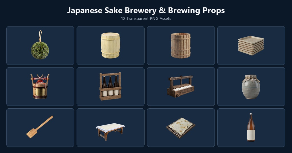 和風 酒蔵・日本酒醸造シーン小物 12PNGセット / Japanese Sake Brewery & Brewing Props - 12 PNG Set