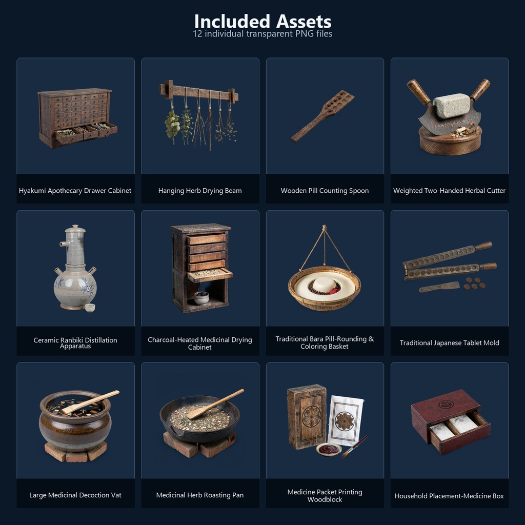 和風 薬屋・調剤工房シーン小物 12PNGセット / Japanese Apothecary & Medicine Preparation Workshop Props
