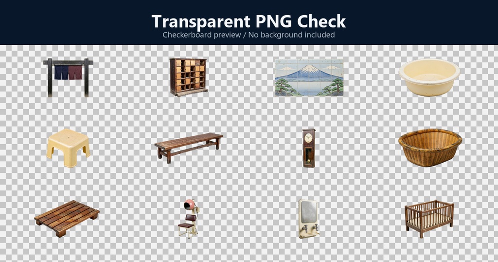 和風 昭和レトロ銭湯シーン小物 12PNGセット / Japanese Showa Retro Sento Bathhouse Props - 12 PNG Set