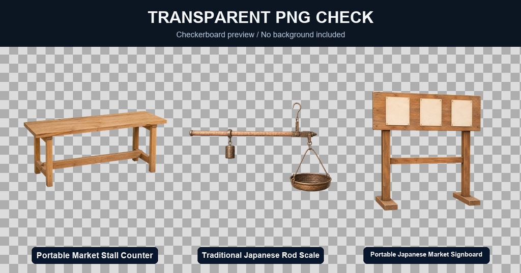 日本の市場・屋台小物 3PNGセット / Japanese Market Stall Props - 3 PNG Set