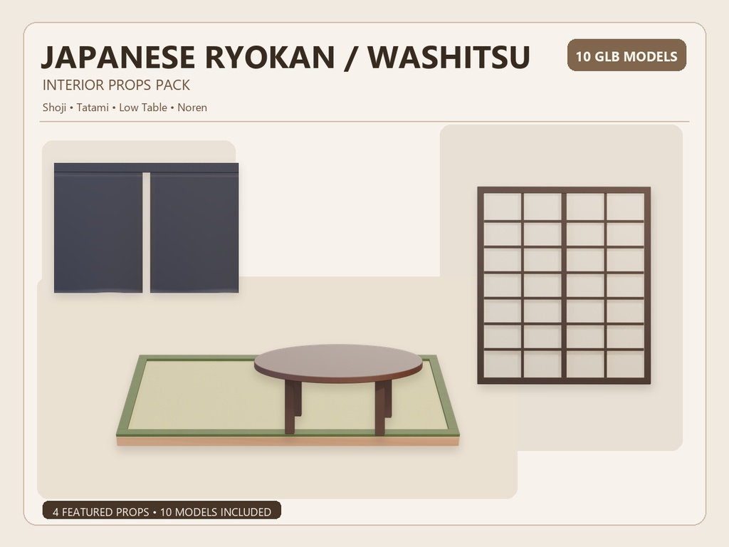 和室・旅館インテリア3D小物 10点セット|Japanese Ryokan / Washitsu Interior Props