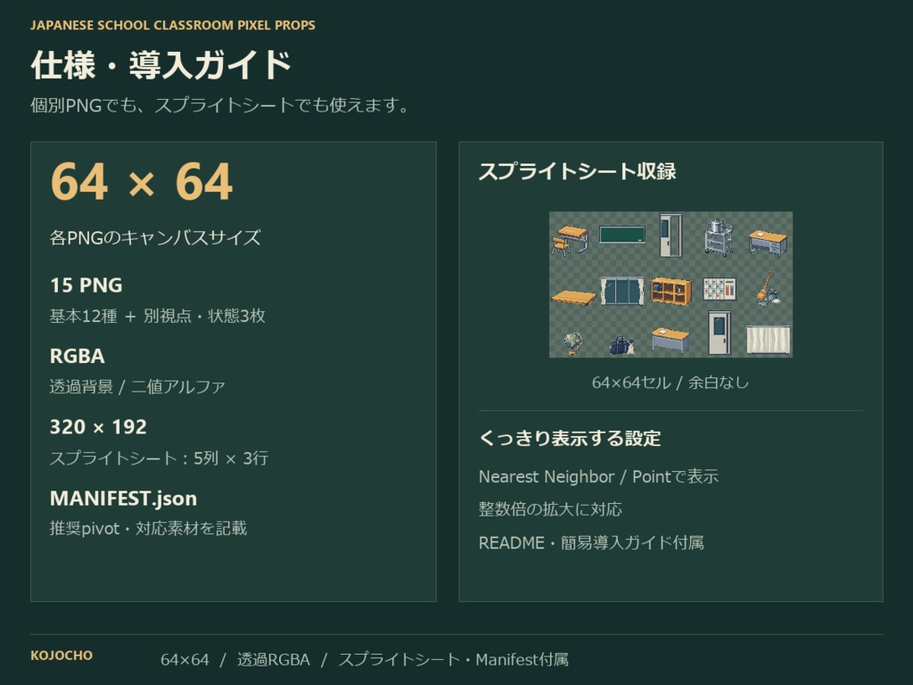 日本の学校教室 ピクセルアート素材集|64×64・12種+実用別視点/状態3枚
