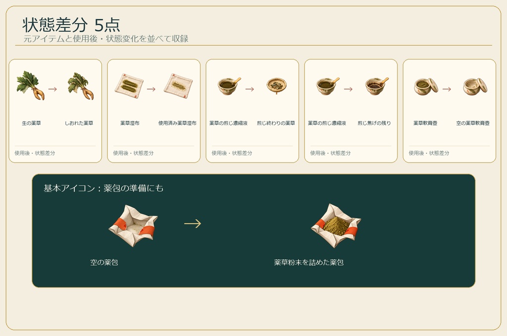 和風薬屋・調合アイコン18点|ゲーム素材・透過PNG