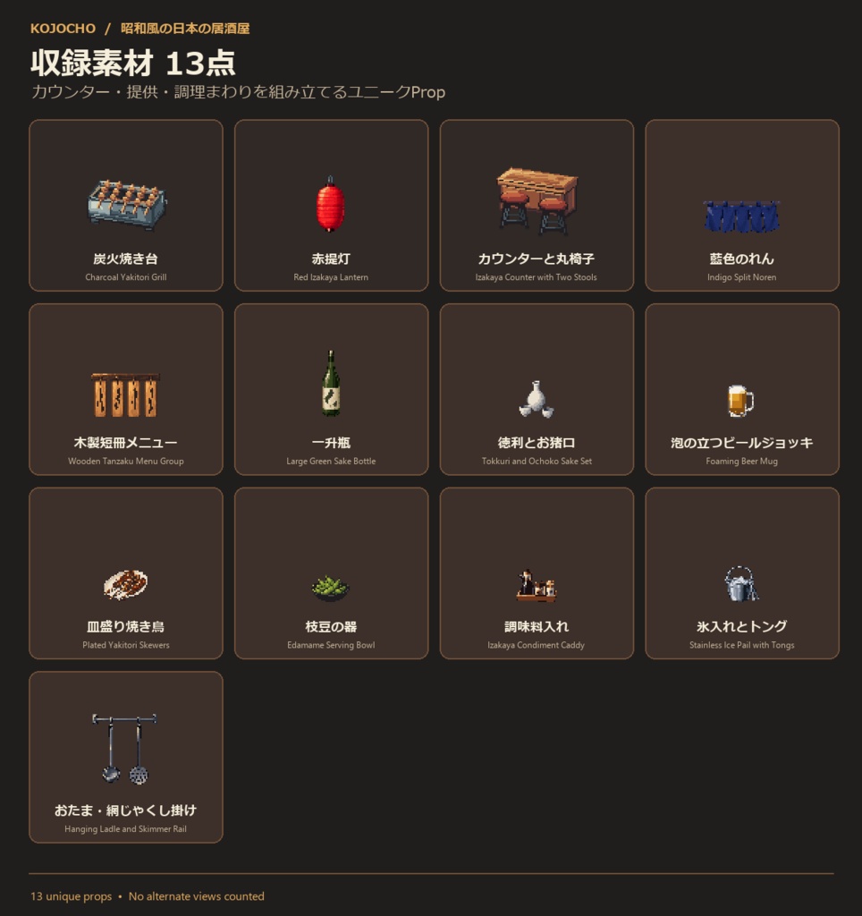 昭和風の日本の居酒屋 カウンター・料理小物 ピクセルアート素材|64×64・13点
